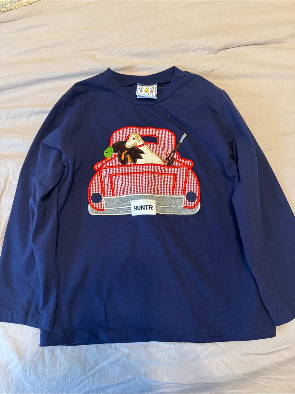 HUNTR Navy Long-Sleeve Tee with Red Car & Dog Applique